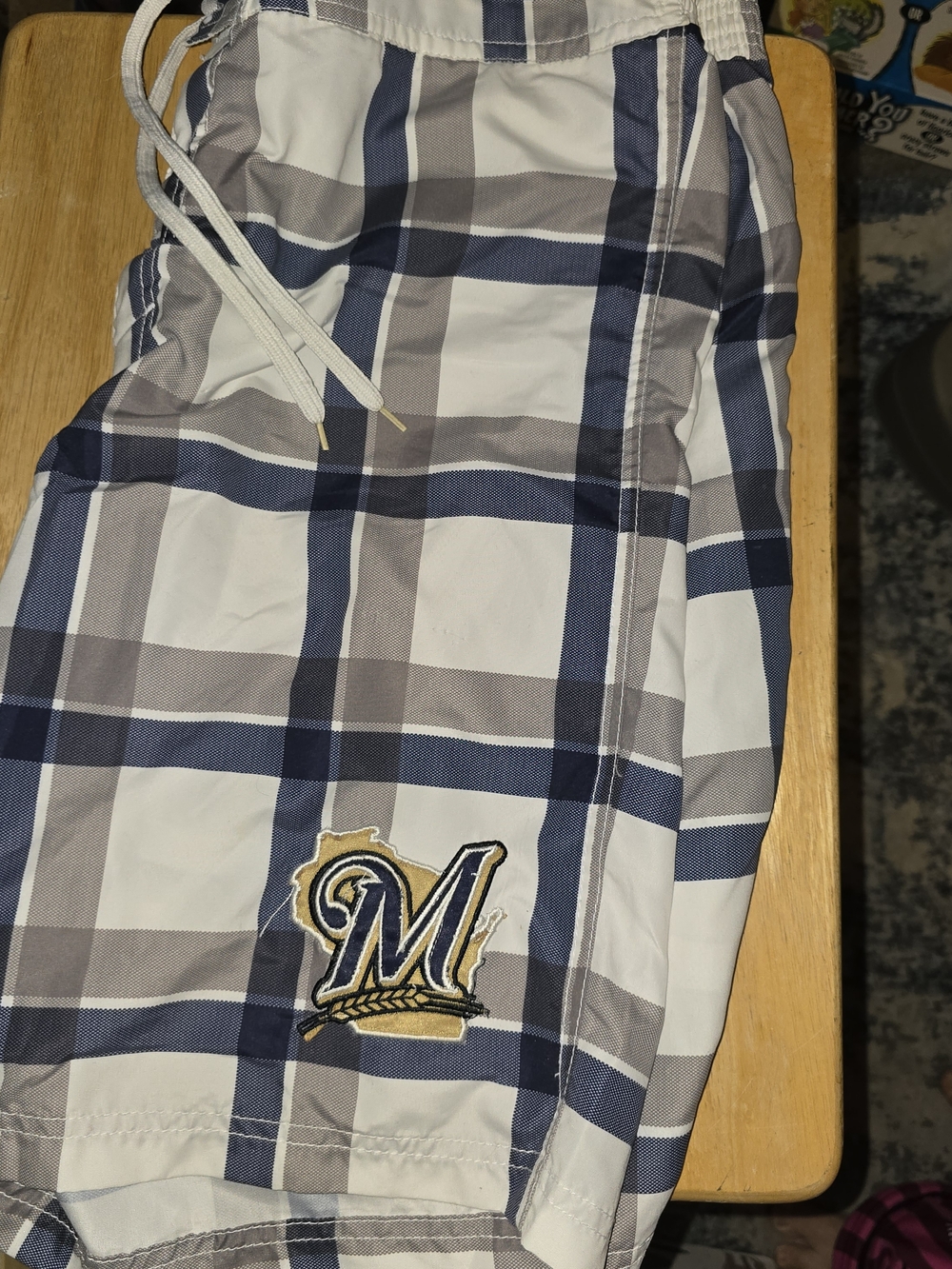 Men's Milwaukee Brewers Baseball - Blue Plaid Swim Board Shorts - Medium - GUC